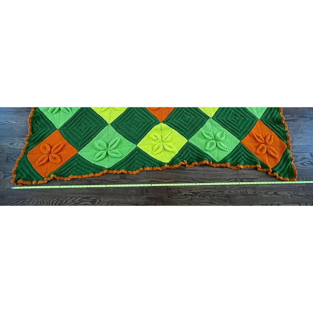 Vtg Handmade Knit Blanket Throw Granny Yellow Green Orange Squares Crochet 61x76